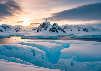 Snowy Mountains and Glaciers at Sunset