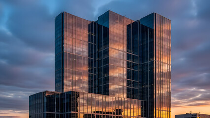 Ultra-realistic photo of a modern glass skyscraper reflecting a vibrant sunrise and clouds. Features crisp geometric lines and a clean, corporate aesthetic.