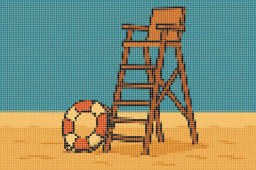 Tall Lifeguard Chair with Lifebuoy on Sandy Beach Halftone Illustration Decor