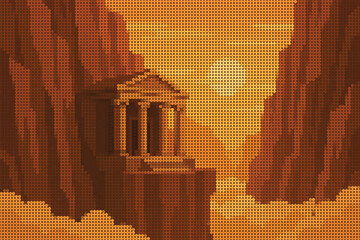 Halftone Illustration of a Majestic Temple Built Into Cliffs Above a Sea of Clouds at Sunset