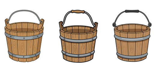 Rustic wooden buckets cartoon collection, transparent background  
