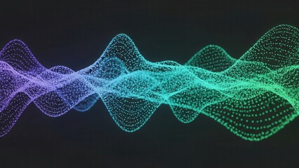 Abstract sound wave visualization made of glowing particles forming rhythmic curves in purple blue green gradient on dark background futuristic technology concept elegant digital data flow