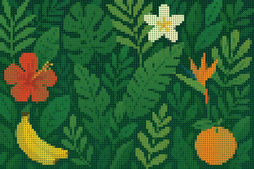 Vibrant Halftone Illustration of a Tropical Jungle with Exotic Leaves Flowers and Wild Fruits
