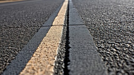 Detailed view of asphalt road surface showing texture and markings along a smooth path in a rural area