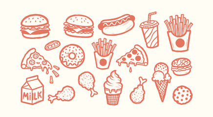 Collection of bold hand drawn fast food icons featuring burger pizza milk and fried chicken in line art style © Arshad