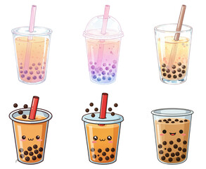 Bubble Tea Drinks Illustration Set Transparent Background  
