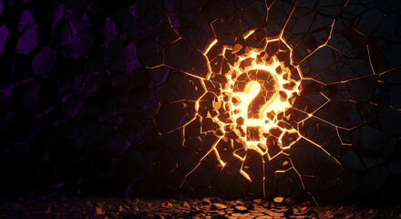 Image of broken rock wall with glowing cracks and visible question mark shape. Symbolizes mystery, uncertainty, inquiry, or difficult question