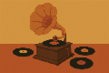 Vintage Halftone Illustration of a Classic Gramophone Surrounded by Vinyl Music Records