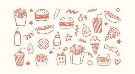 Large collection of hand drawn fast food doodles including burger pizza hot dog and ice cream icons 