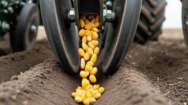 Corn seeds are dropped from a seed drill into the soil in a field while the machine operates during daylight
