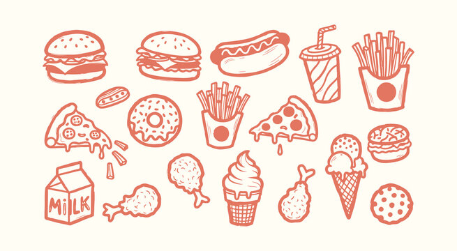 Collection of bold hand drawn fast food icons featuring burger pizza milk and fried chicken in line art style