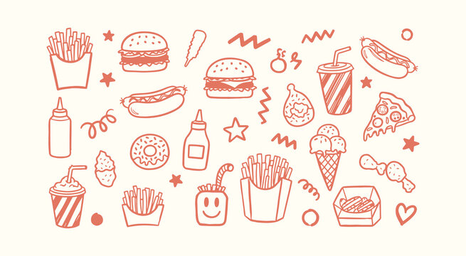 Large collection of hand drawn fast food doodles including burger pizza hot dog and ice cream icons 