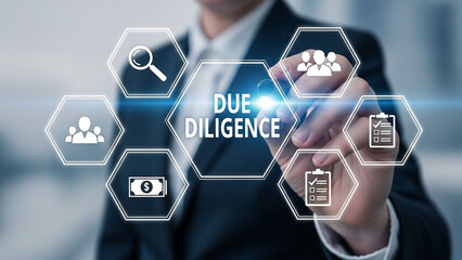 Navigating Due Diligence: A professional figure engages with a digital interface showcasing elements related to Due Diligence.