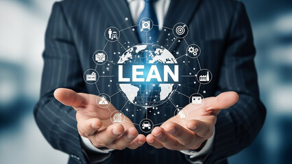 Strategic Business Presentation: A smartly dressed business executive confidently presents LEAN atop a globe, surrounded by interconnected icons.