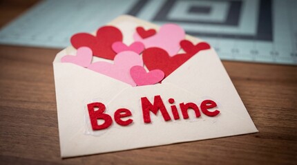 Handmade valentine day envelope with red and pink paper hearts, be mine text, diy love letter on wooden table, romantic craft concept, creative greeting, holiday celebration background.