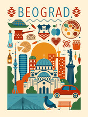 Travel Belgrade Vintage Poster with Serbia Icons