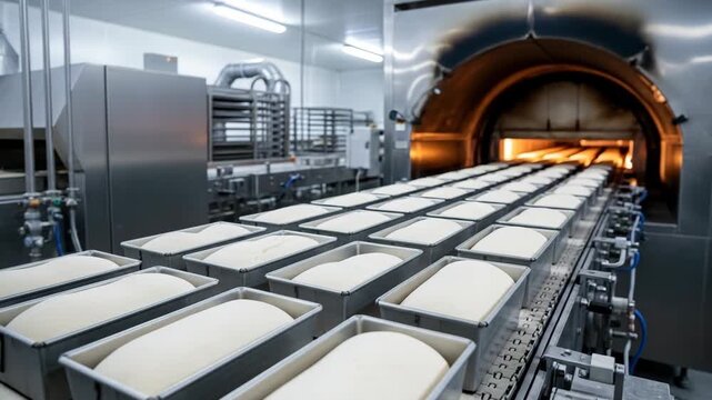 Machines bake bread in large trays at a factory while workers monitor the process for quality
