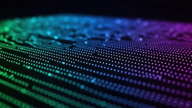 Luminous data points in a grid formation with green cyan blue and purple colors on black background representing big data analytics fiber optics and digital networking for technology illustrations - Powered by Adobe