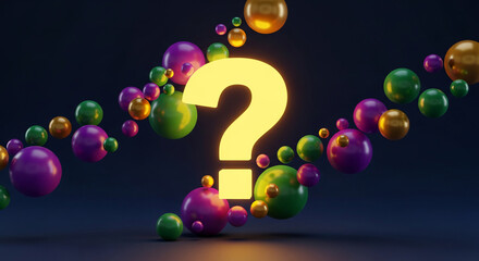 Glowing yellow question mark surrounded by colored spheres, creating a sense of mystery and exploration, suitable for curiosity or problem-solving concepts