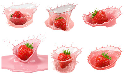 Strawberries in pink yogurt splash, transparent background  
