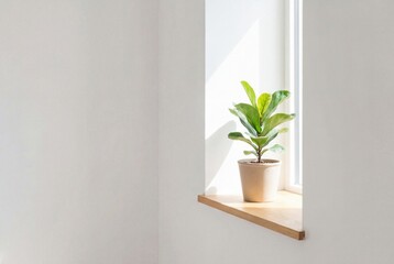 Green houseplant on sunny windowsill with copy space