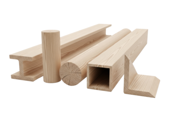 Precisely arranged light glulam structural profiles (i-beam, post, tube), smooth finish, visible wood grain texture, against a transparent background with copy space. Concept of structural