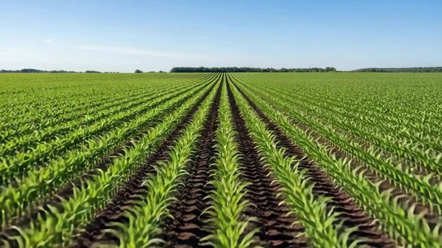 Observe rows of corn growing tall with healthy leaves in a field under bright sunlight on a clear day