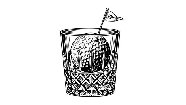 Vintage 19th Hole Whiskey Glass with Golf Ball and Flag