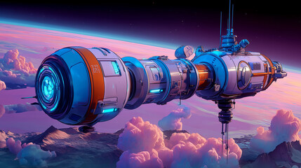 Futuristic Satellite in Orbit with Vibrant Sky Background