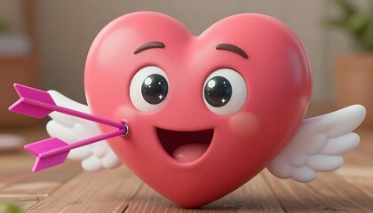 Cupid Heart Character &ndash; 3D Cartoon Pink Heart with Wings, Arrows, and Cheerful Expression in Cozy Setting