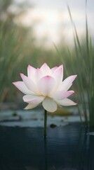 Pink and white lotus flower blooming on calm pond