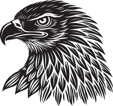 A highly detailed black-and-white vector illustration featuring fierce eagle heads in side profile. Designed in a bold tattoo and engraving style, this artwork showcases sharp linework, layered feathe