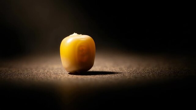 A small corn kernel is heated and begins to pop while changing shape in a dark area with light shining from above