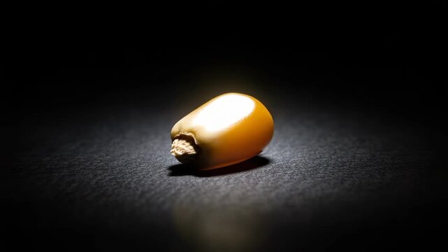 A corn kernel rolls on a dark surface while light highlights its shape and color from various angles
