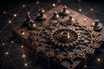 Complex mechanical gear system on wooden platform representing engineering precision, industrial design, process optimization and interconnected workflows