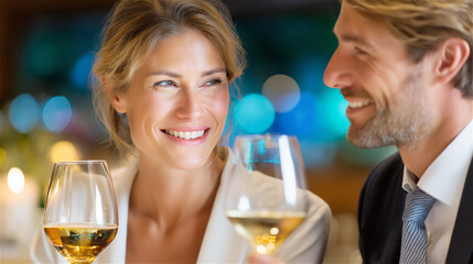 Two adults smiling and toasting with white wine glasses in a cozy evening venue with bokeh lights. Celebration, romance, friendship, and social dining lifestyle concept.