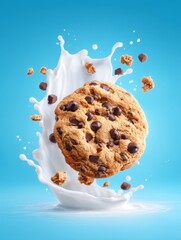 Delicious chocolate chip cookie splashing into milk captured in dynamic food photography