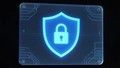 Cybersecurity Shield Icon &ndash; Glowing Blue Padlock Symbol with Digital Circuit Patterns for Data Protection
