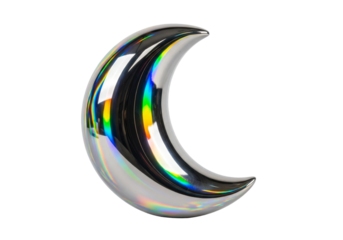 shiny chrome crescent moon with rainbow reflections on white background