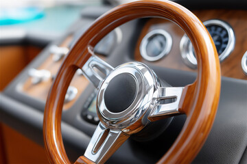 Close-up of vintage wooden steering wheel and dashboard inside a classic car, warm tones and soft focus, evoking retro travel, craftsmanship, and automotive design nostalgia.