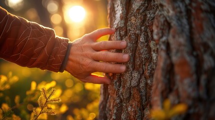 Hand touching tree bark in forest at golden hour
