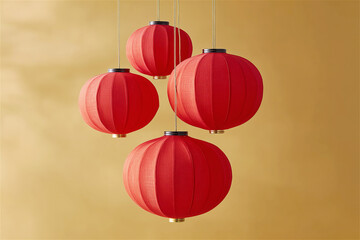 Red paper lanterns hanging against a soft beige background, minimalist festive decor for Lunar New Year or cultural celebration, symbolizing luck, joy, and tradition.