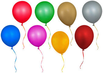 Set of eight colorful party balloons isolated on transparent png white background. Red, green, blue, pink, yellow, gold and silver colors.