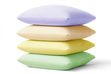 Stack of pastel pillows in gradient colors on white background, minimal product mockup for bedding, home decor, comfort concept, and clean retail presentation.