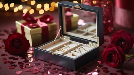 Luxury Jewelry Gift &ndash; Elegant Gold and Diamond Rings in Romantic Box with Roses and Festive Ambiance
