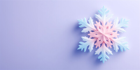 Pastel paper snowflake on lavender background, minimalist winter holiday craft with soft shadows and copy space for greeting card, seasonal branding, or social media.
