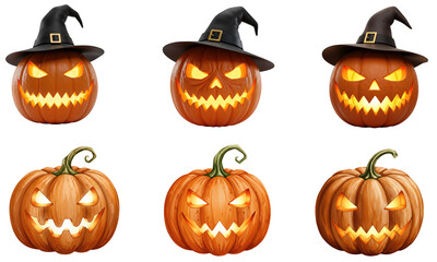 Halloween Pumpkins Faces Waearing witch hat Set Transparent Background  
