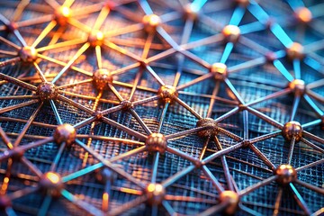 Abstract futuristic metallic network structure with connected nodes and lines, technology concept background representing data flow, innovation, science and connectivity