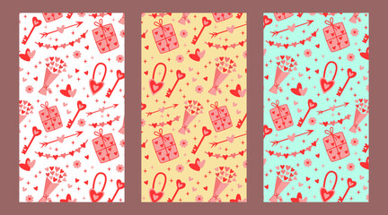 Valentine&rsquo;s Day Love Icons Seamless Pattern Set in Pastel Colors, Romantic Vector Collection