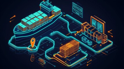 Digital art and isometric design for global shipping and logistics supply chain optimization